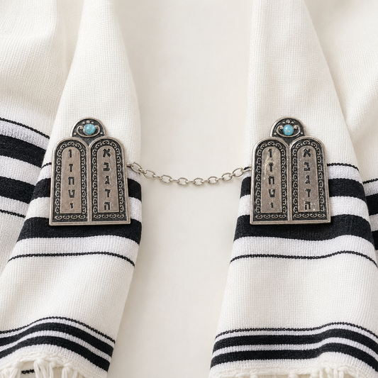 Silver-tone Ten Commandments tallit clips with turquoise accents