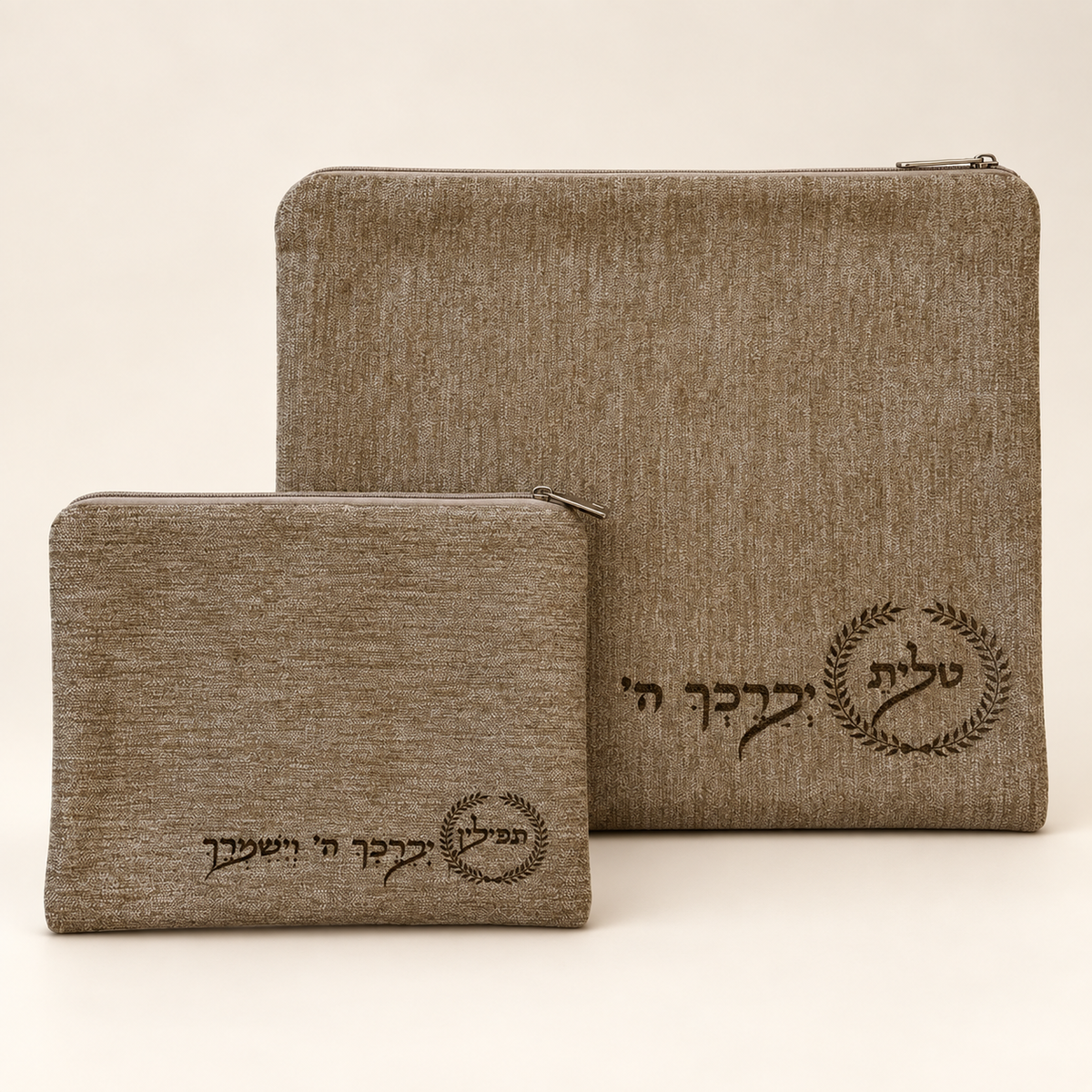 Taupe poly velvet tallit and tefillin bag set with laser engraved laurel wreath design