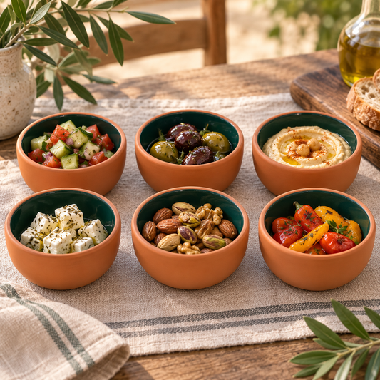 Six terracotta and green mini bowls serving salads and small dishes