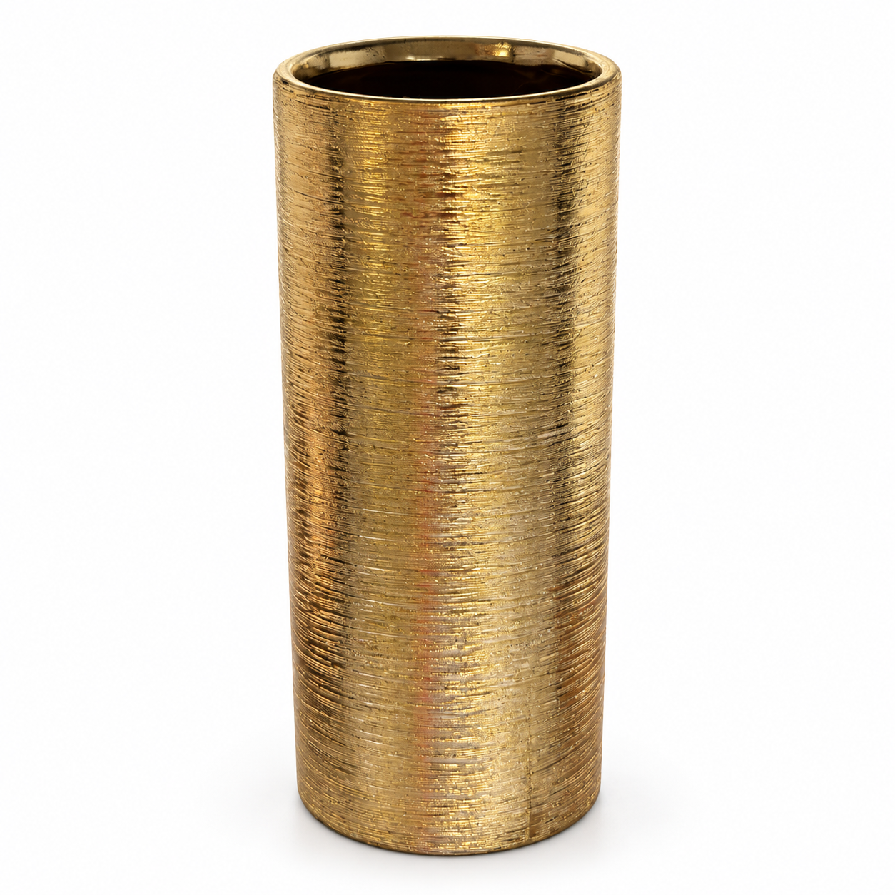 Textured gold ceramic cylinder vase on a clean white background