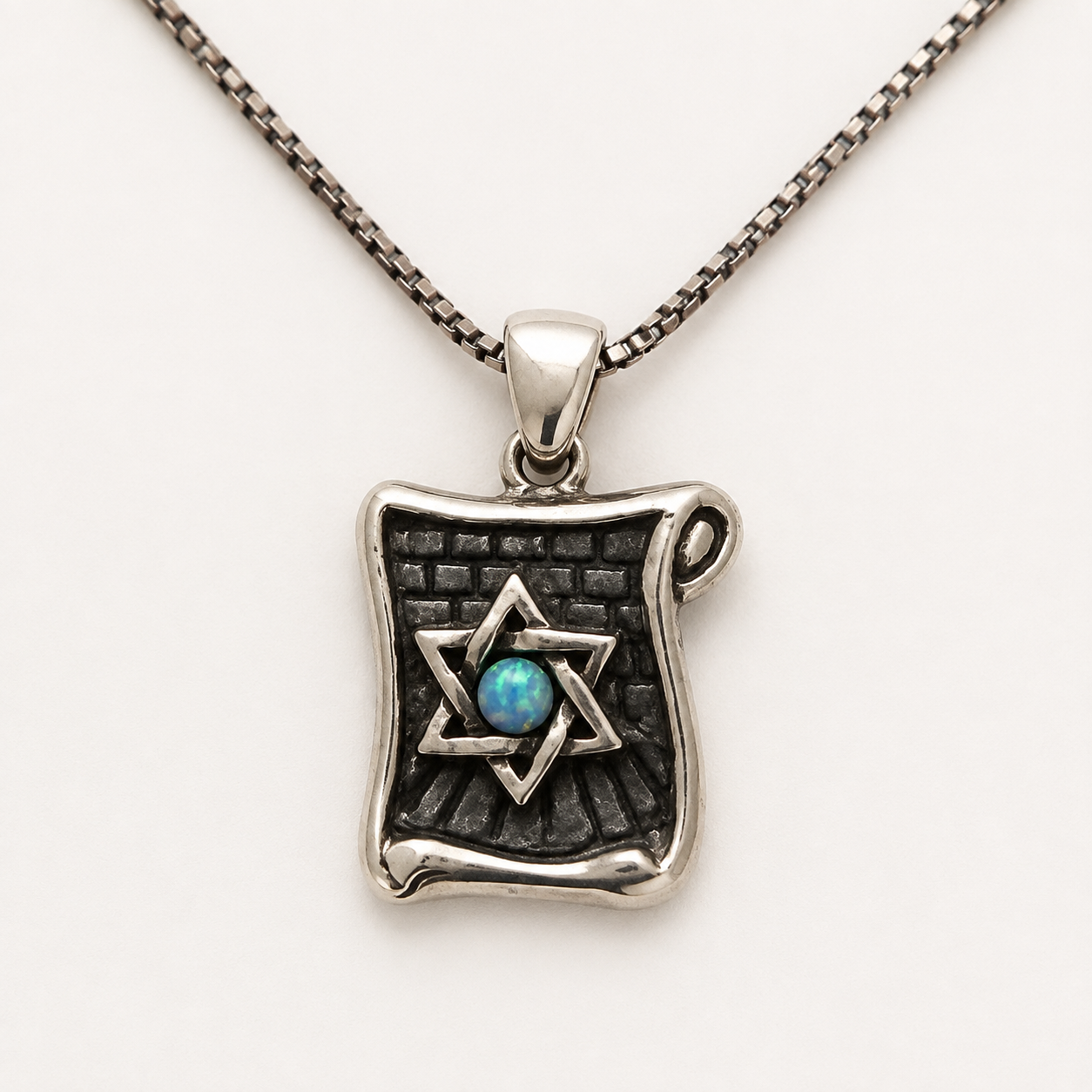Women's sterling silver Torah scroll necklace with Star of David and blue opal