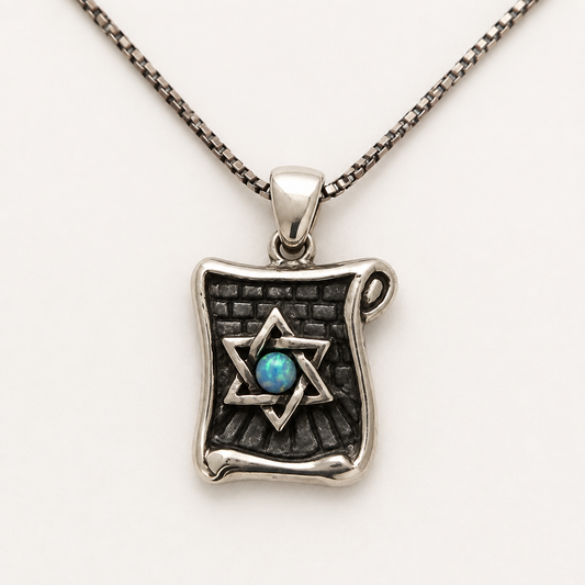 Women's sterling silver Torah scroll necklace with Star of David and blue opal