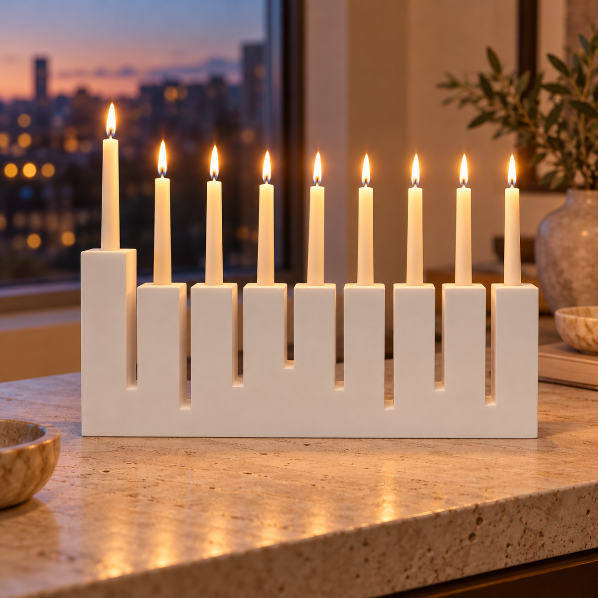 White concrete Hanukkah menorah with nine lit ivory candles on a stone console in a warm modern home
