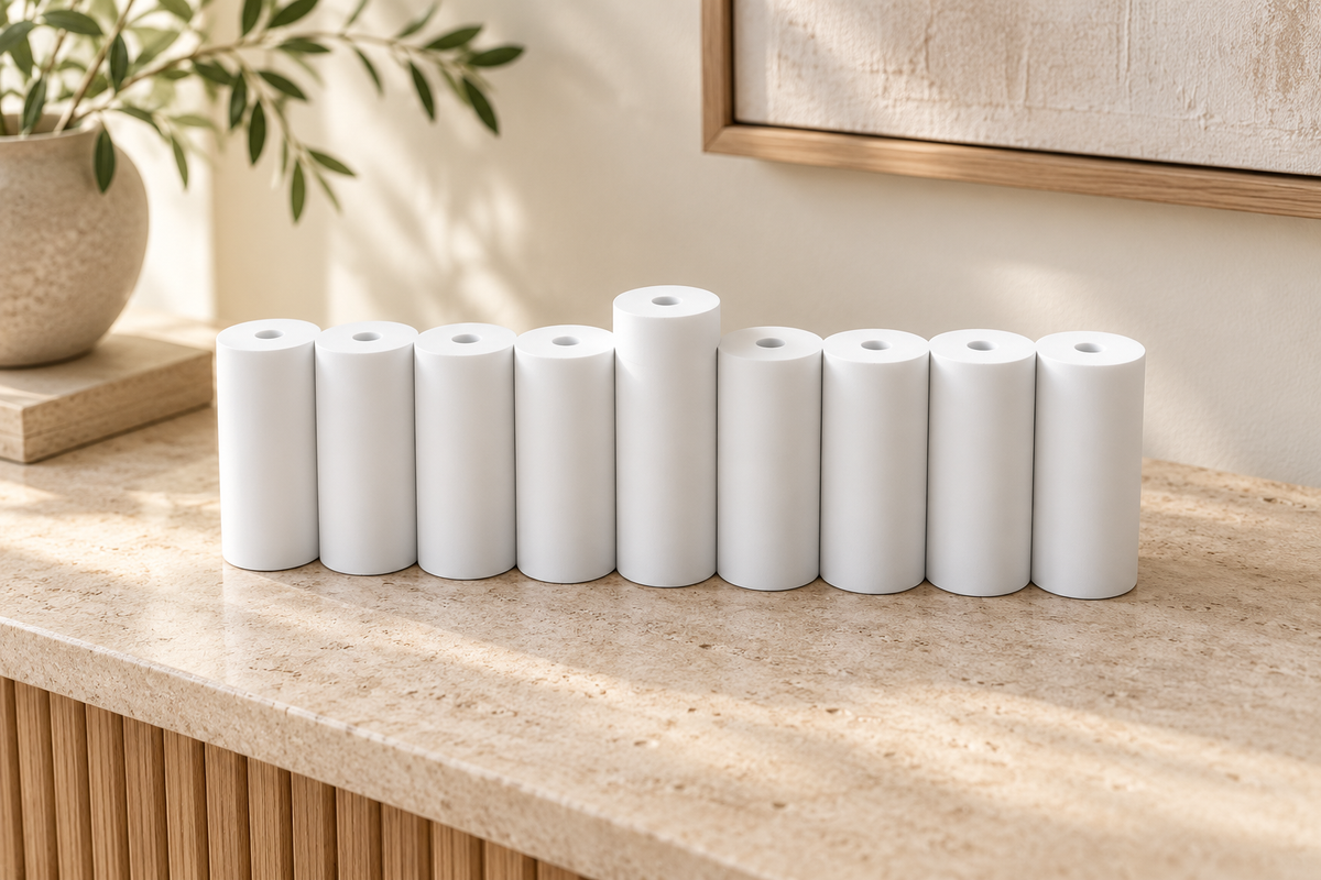 White concrete Hanukkah menorah displayed on a stone console in a neutral home