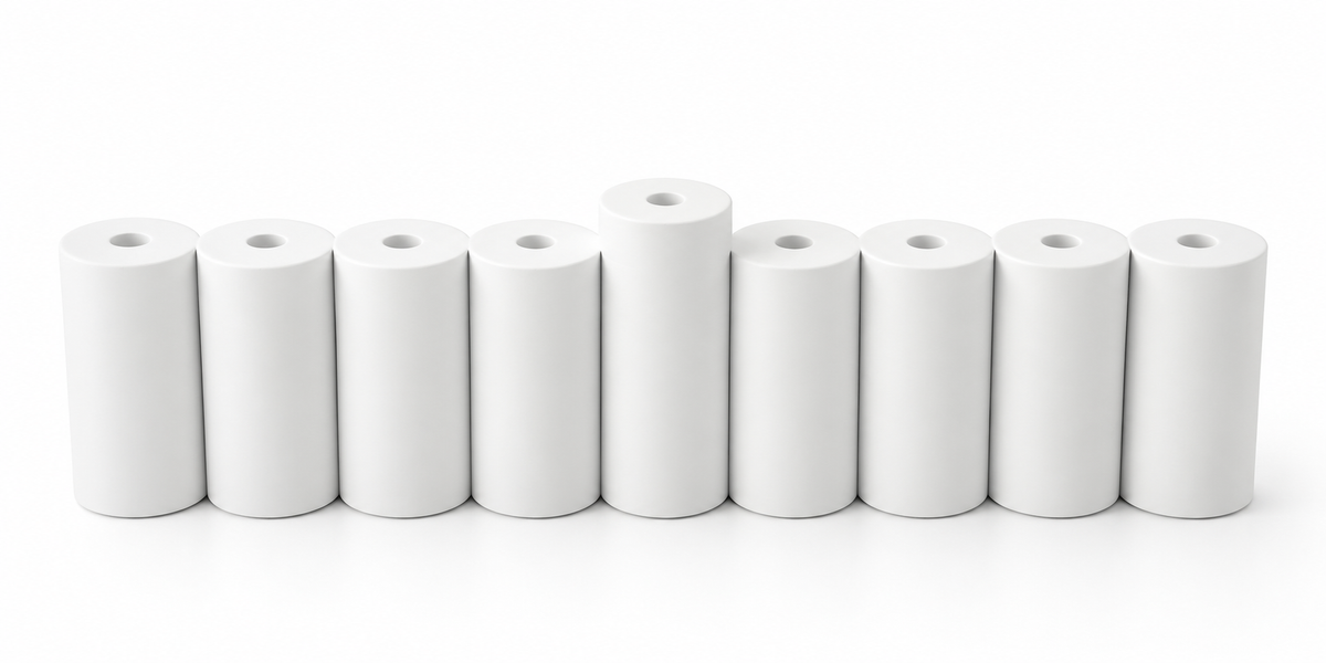 White concrete Hanukkah menorah with nine cylindrical holders and raised center shamash, front view