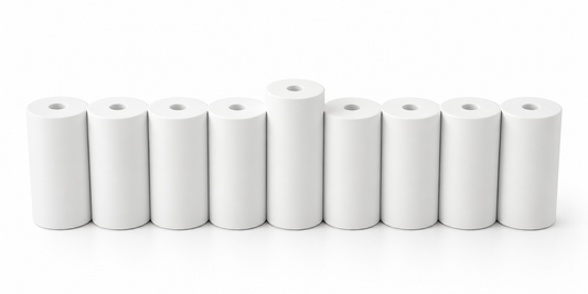 White concrete Hanukkah menorah with nine cylindrical holders and raised center shamash, front view