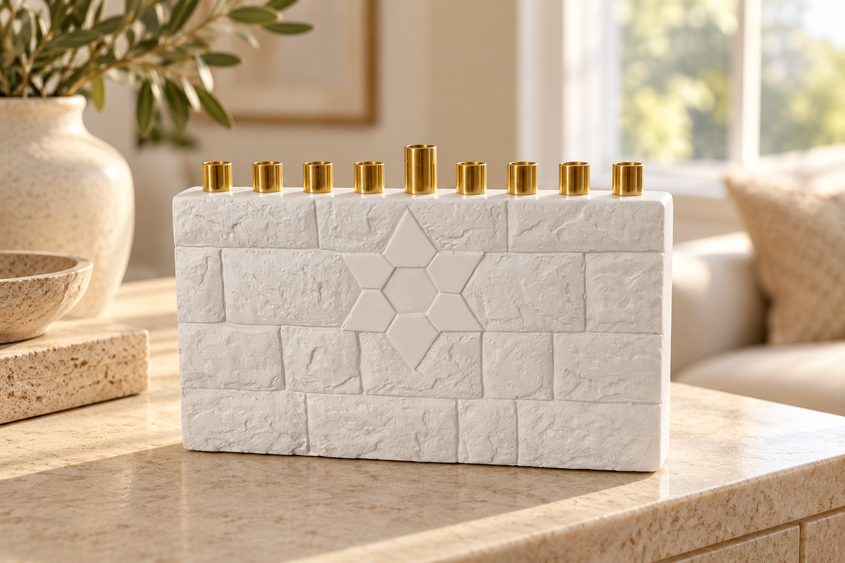 White concrete Star of David menorah with gold-tone candle holders displayed on a neutral stone console in a bright home.