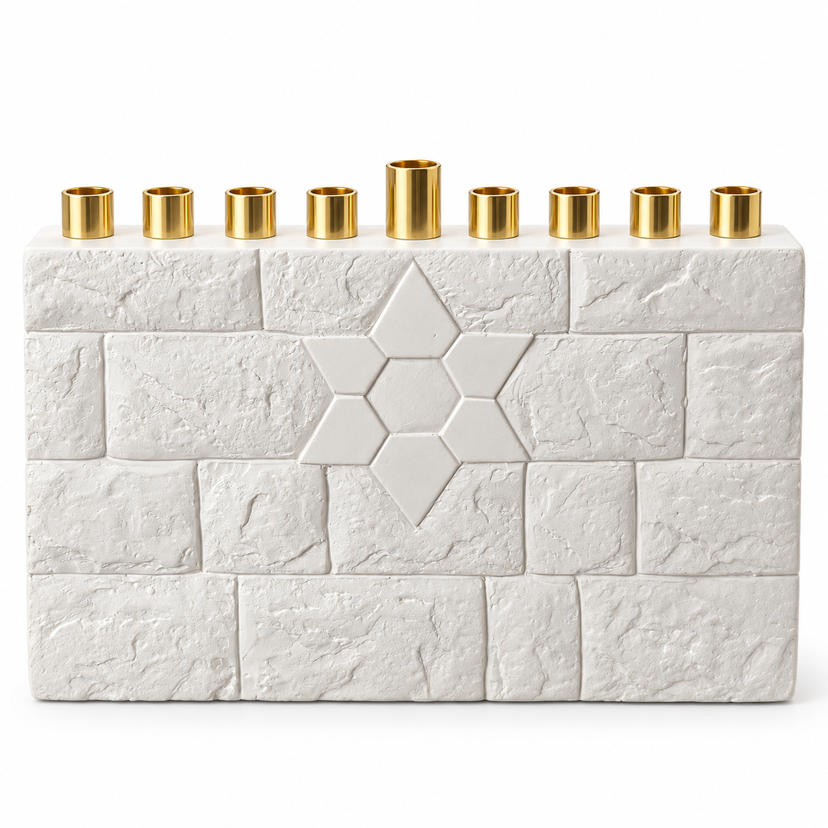 White concrete Star of David Hanukkah menorah with a textured brick-pattern front and nine gold-tone candle holders on a white background.