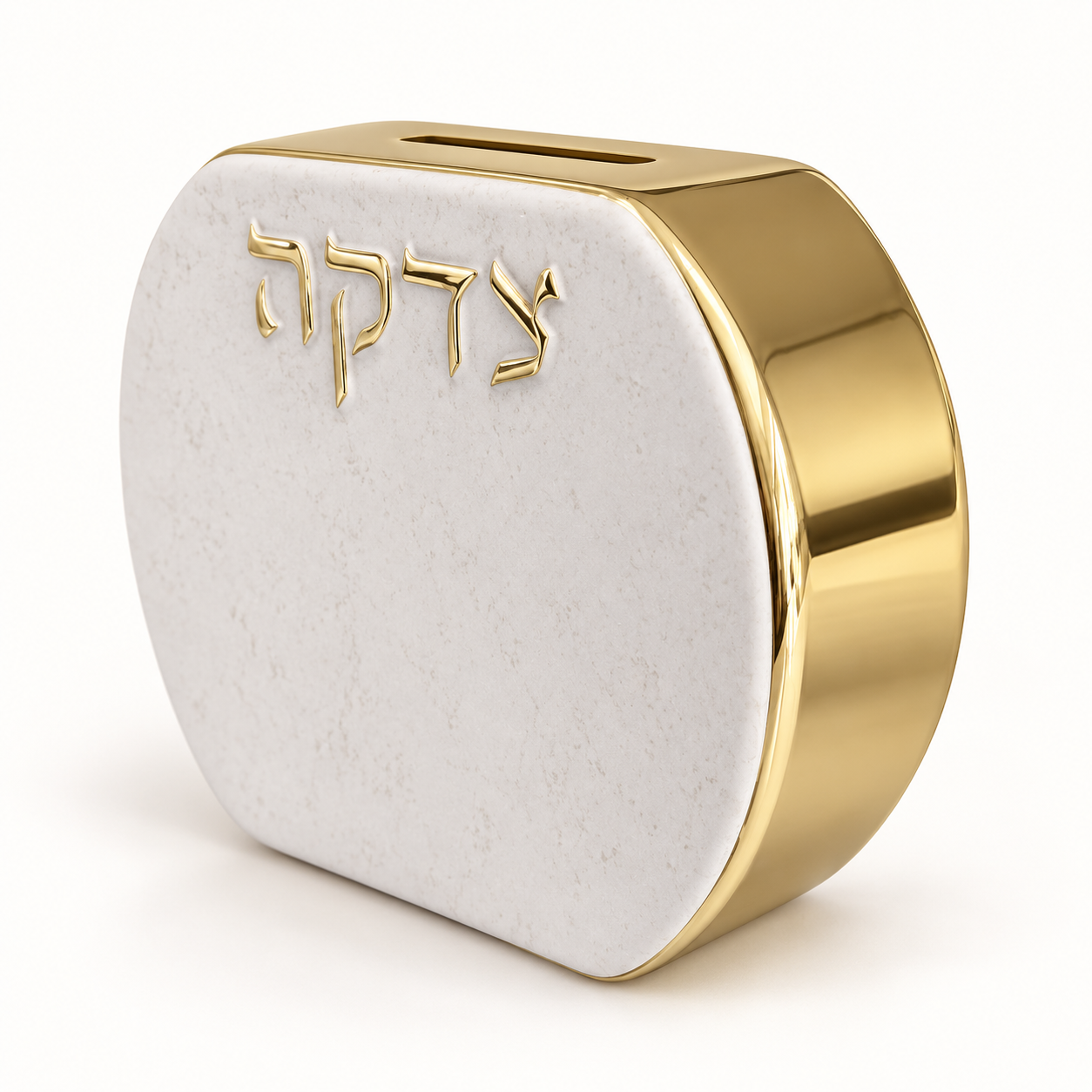 White and gold polyresin Tzedakah box angled view