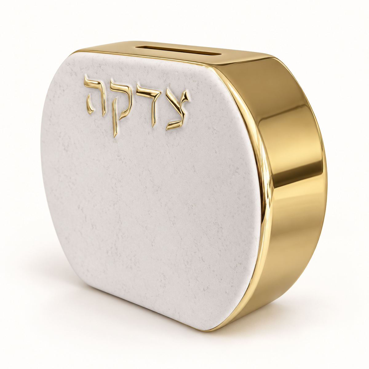 White and gold polyresin Tzedakah box angled view