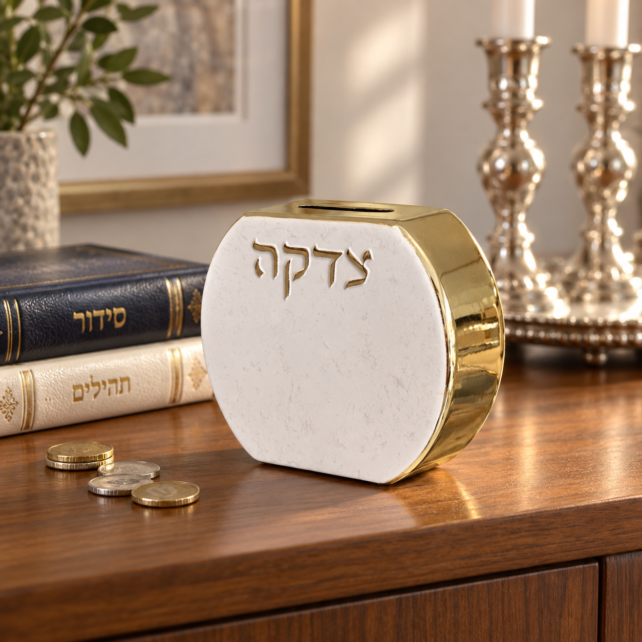 White and gold polyresin Tzedakah box on an elegant Judaica console