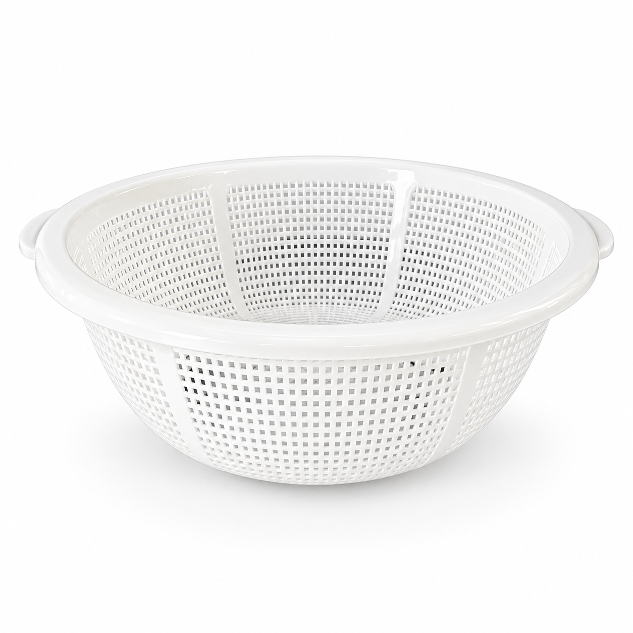 White plastic colander with side handles on a clean white background
