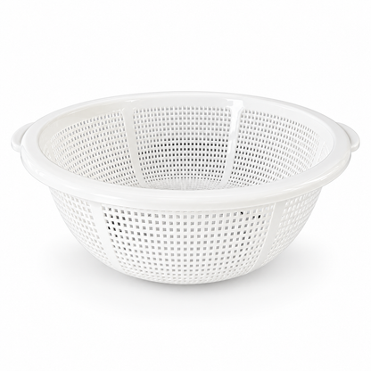 White plastic colander with side handles on a clean white background