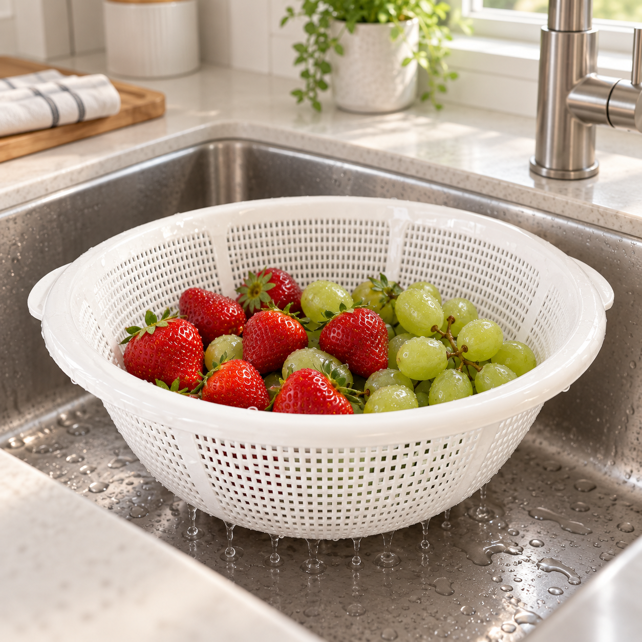 White plastic colander draining fresh strawberries and grapes in a kitchen sink