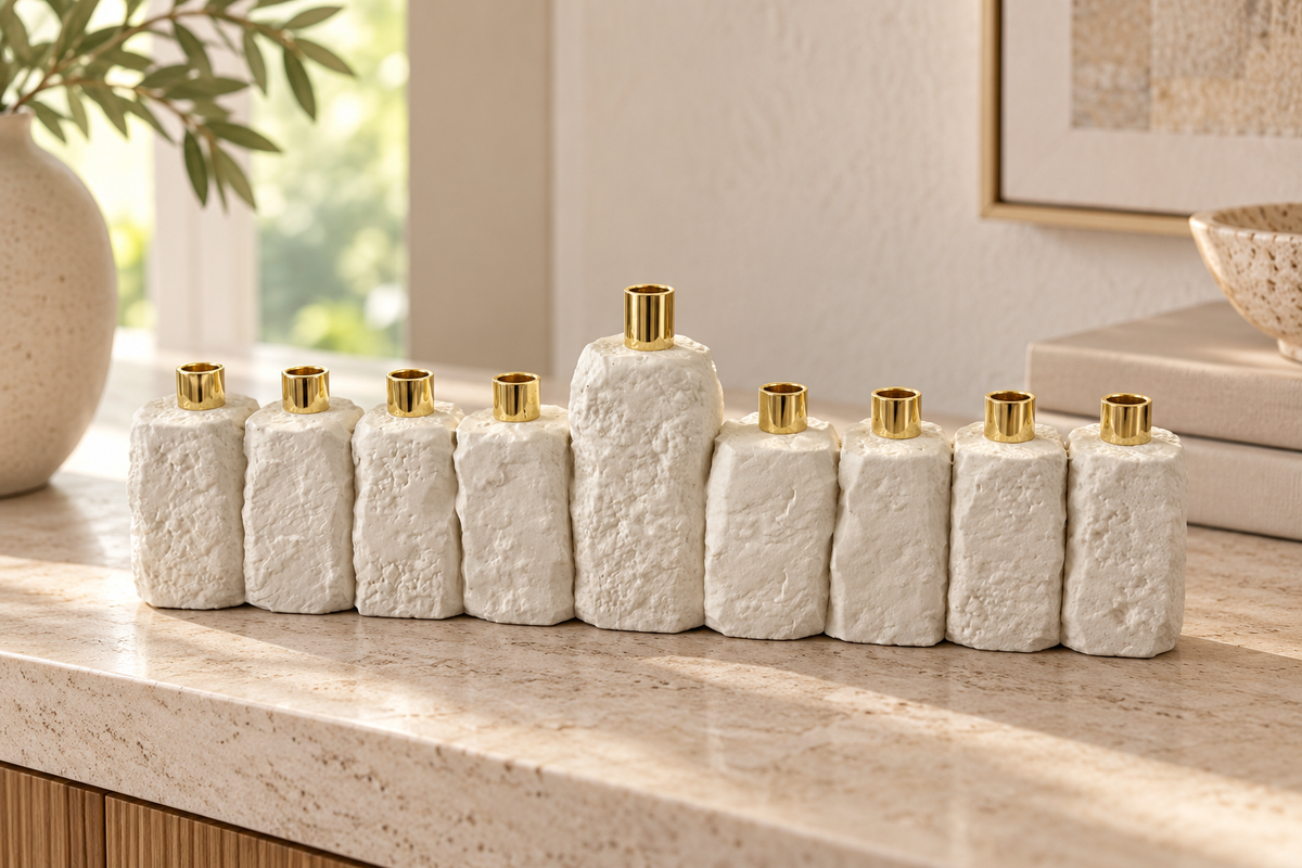 White textured concrete Hanukkah menorah with nine gold-tone holders displayed on a neutral console table.