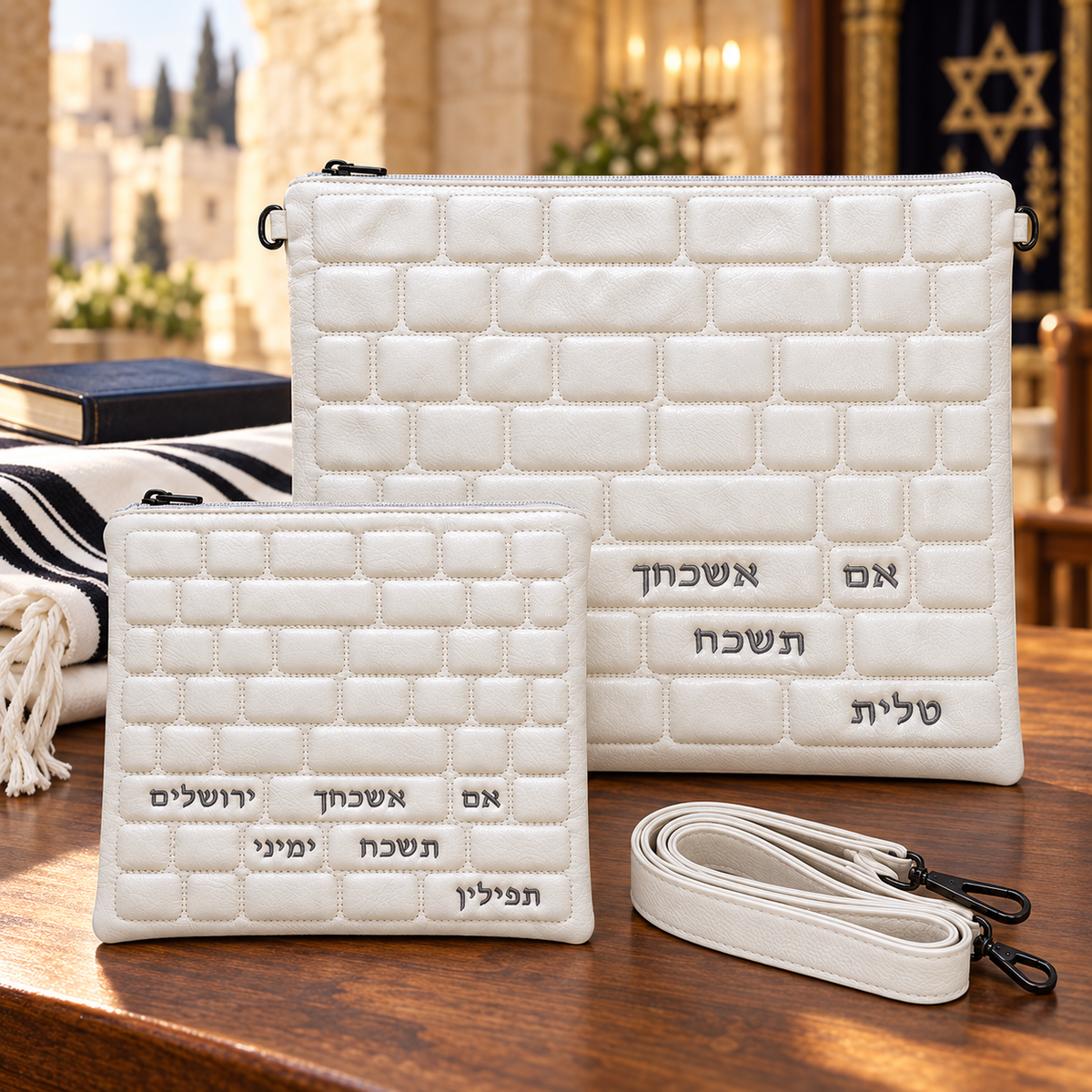 White vinyl Western Wall tallit and tefillin bag set with strap in a Jerusalem prayer setting