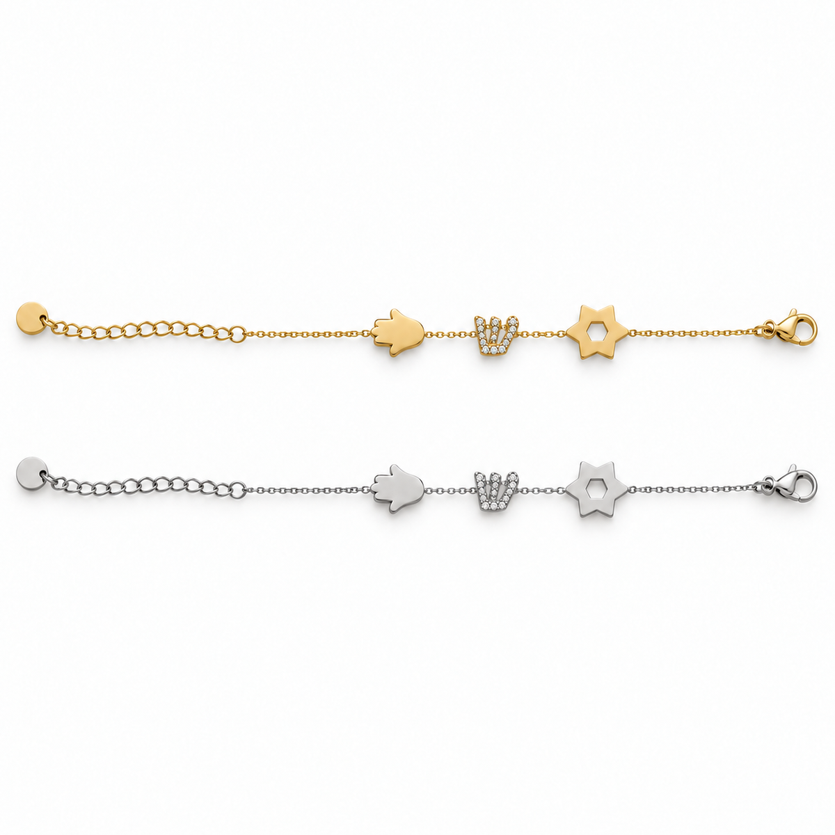 Women's stainless steel Hamsa, crystal Shin, and Star of David bracelet in gold and silver