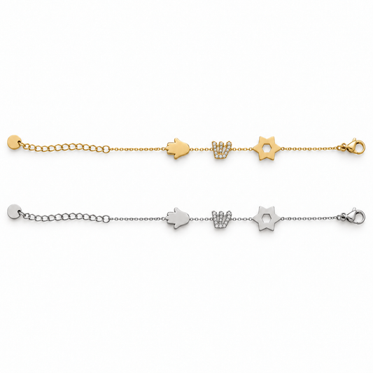 Women's stainless steel Hamsa, crystal Shin, and Star of David bracelet in gold and silver