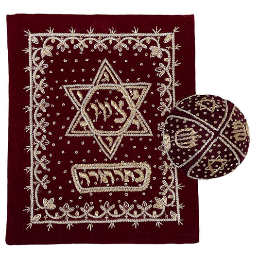 Original Persian groom matching kippah and Tallit bag set. BOTH sides of the Talit bag Handmade crafted on a Rich soft velvet