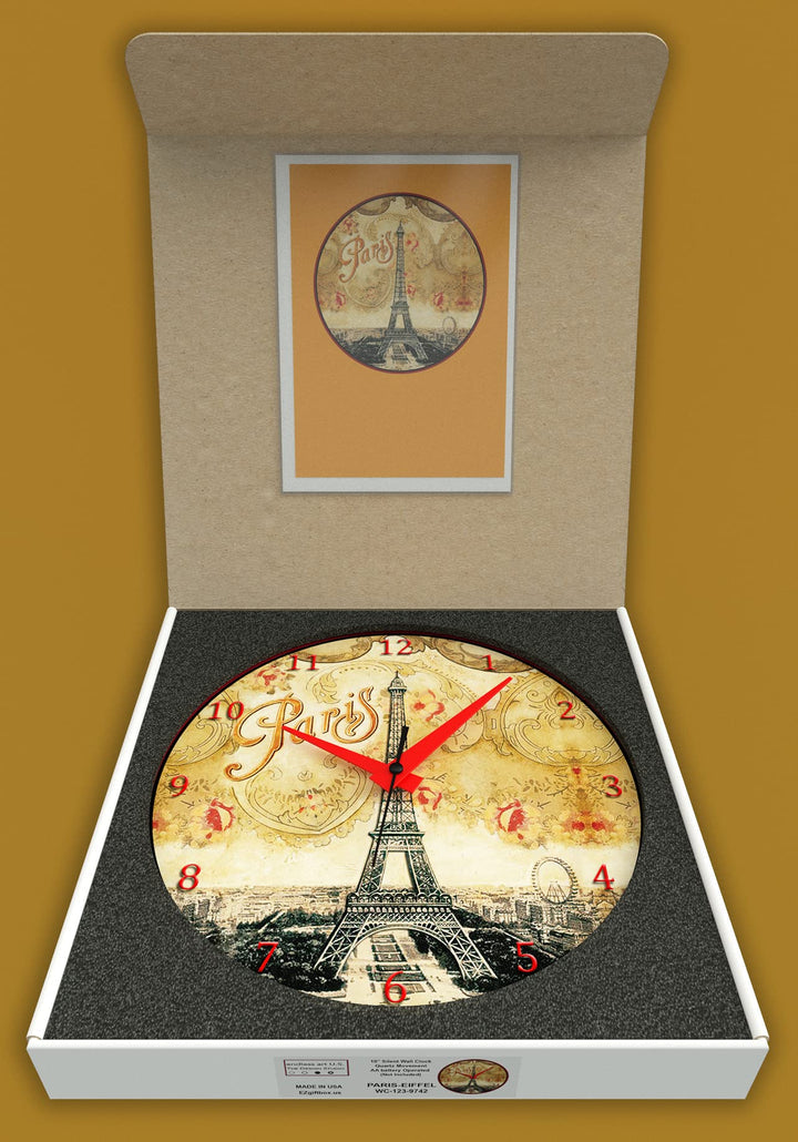 WALL CLOCK , PARIS EIFFEL, 10” ROUND, ASTRA COLLECTION, SILENT NON TICKING