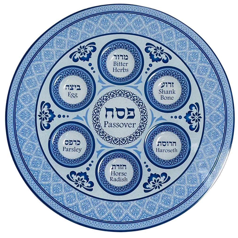 Glass Passover seder  Plate 16" - Blue
