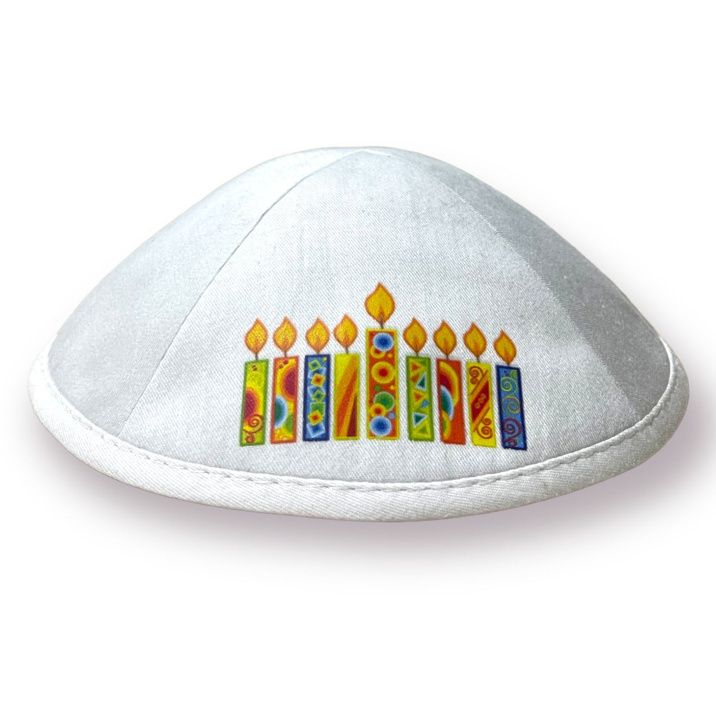 Hanukkah colorful candles printed on a linen kippah