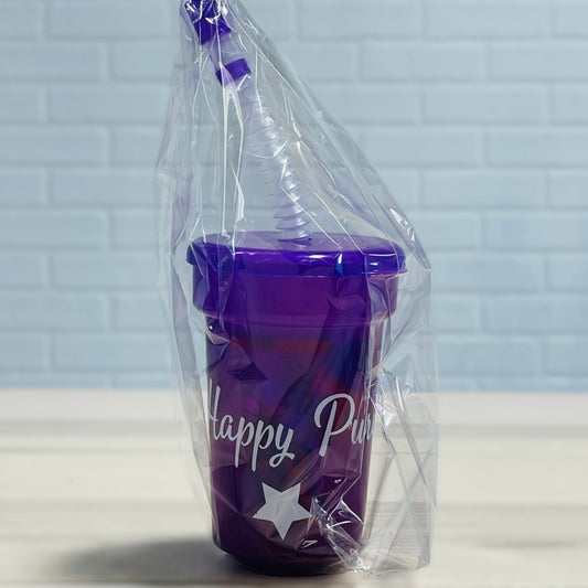 Purim kids mishloach manot tons of candies in a reusable plastic cup with strew