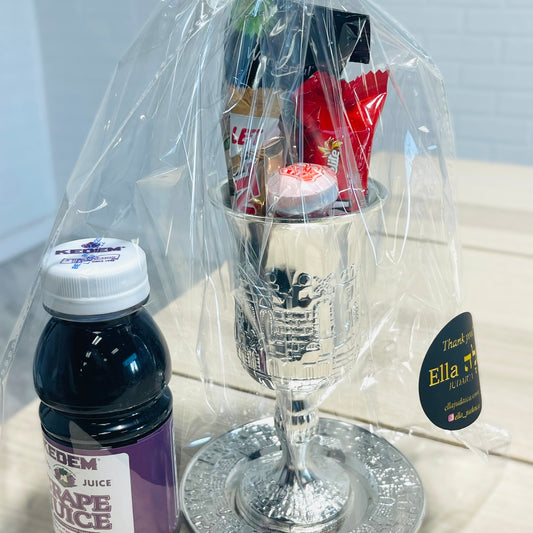 Purim Nickel kiddush cup mishloach manot with candies and grape juice for kiddush