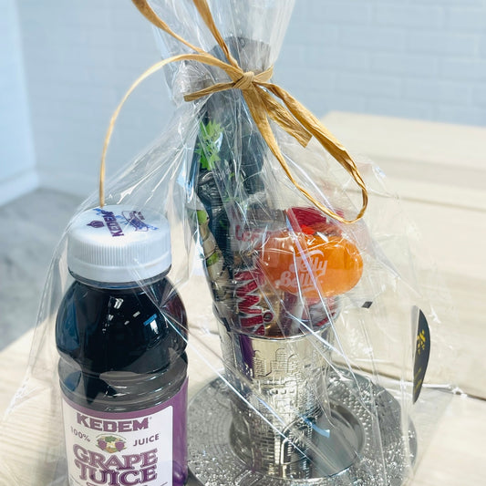 Purim Nickel kiddush cup mishloach manot with candies and grape juice for kiddush