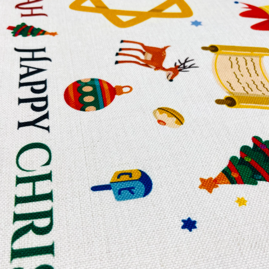 Gorgeous Hanukkah & Christmas Table Runner - Christmukkah Ivory Cotton Linen Blend with Colorful Printed Holiday Symbols