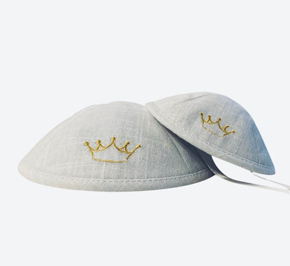 Father and Son Kippot - crown ( Keter ) Matching Embroidered Linen Yarmulkes