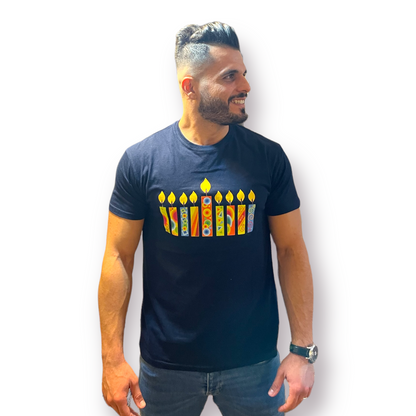 Hanukkah Man T-Shirt happy colorful Hanukkah candles 100% soft cotton