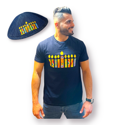 Hanukkah Set Man T-shirt+Kippah colorful hanukkah candles printed