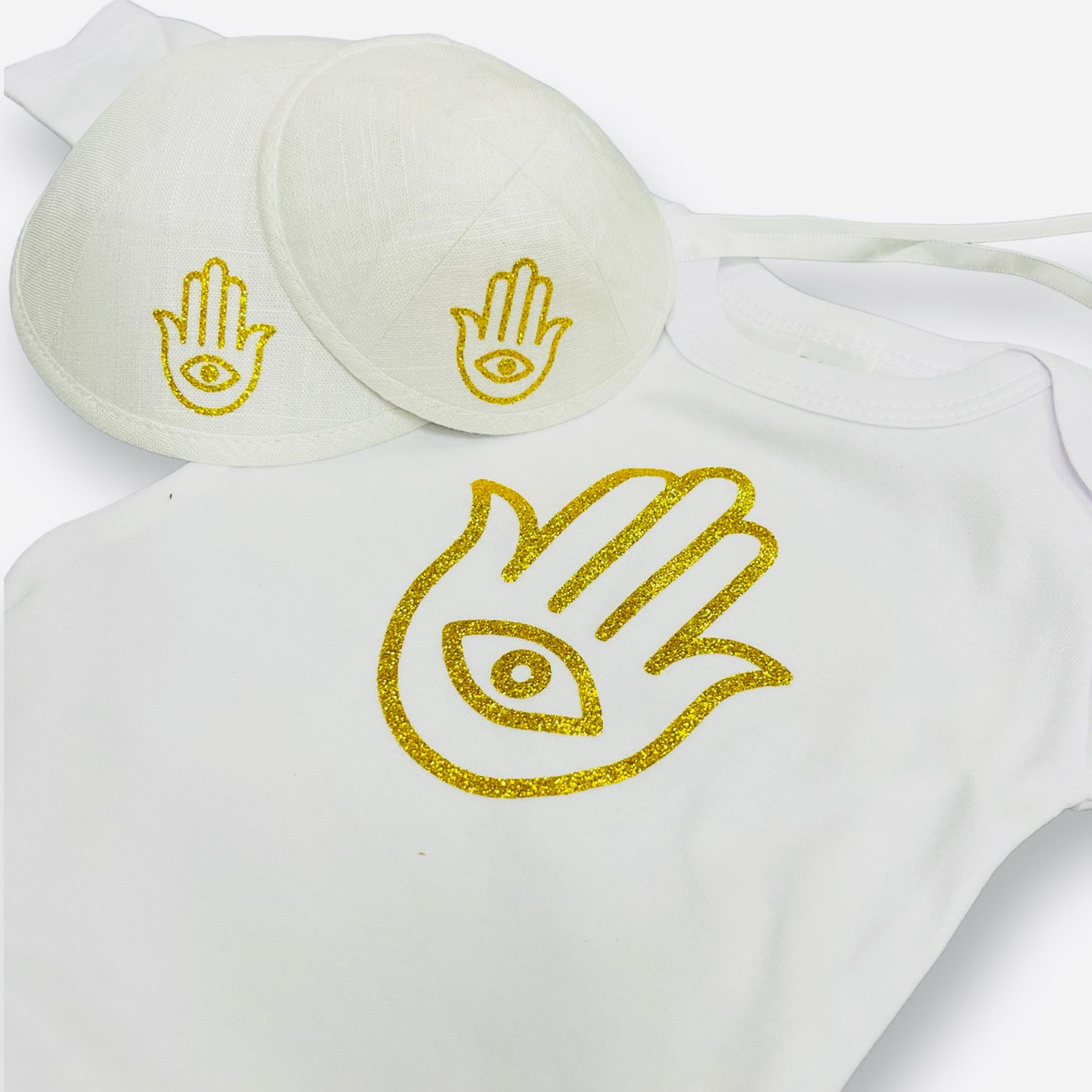 Brit Milah set. Golden hamsa  baby gown and matching father baby kippot