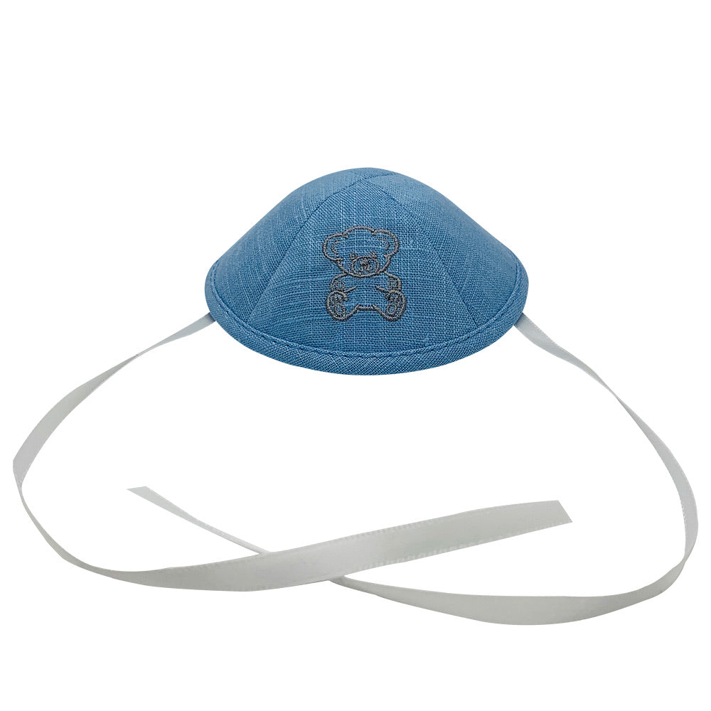 Brit Milah Linen 4” (10cm) Embroidered Baby Kippah with Laces. L