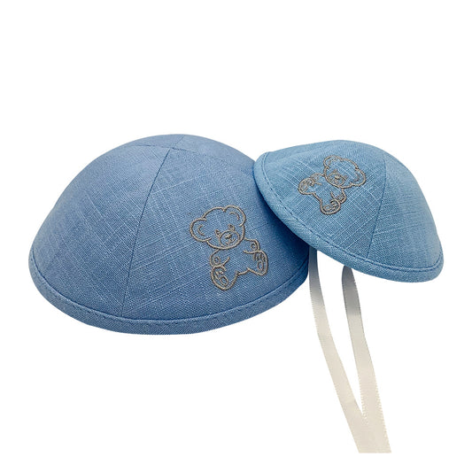 Father and baby boy matching teddy bear linen kippah for Brit Milah