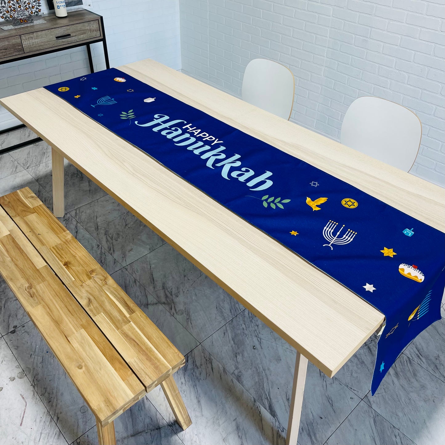 Happy Hanukkah linen cotton table runner