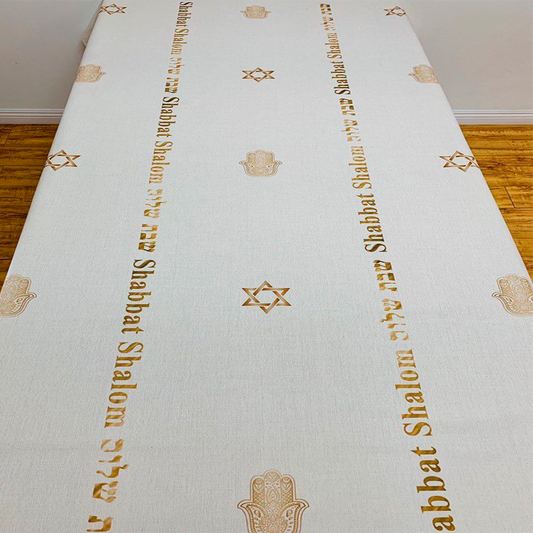 Gold Shabbat Shalom Tablecloth Linen Cotton Blend