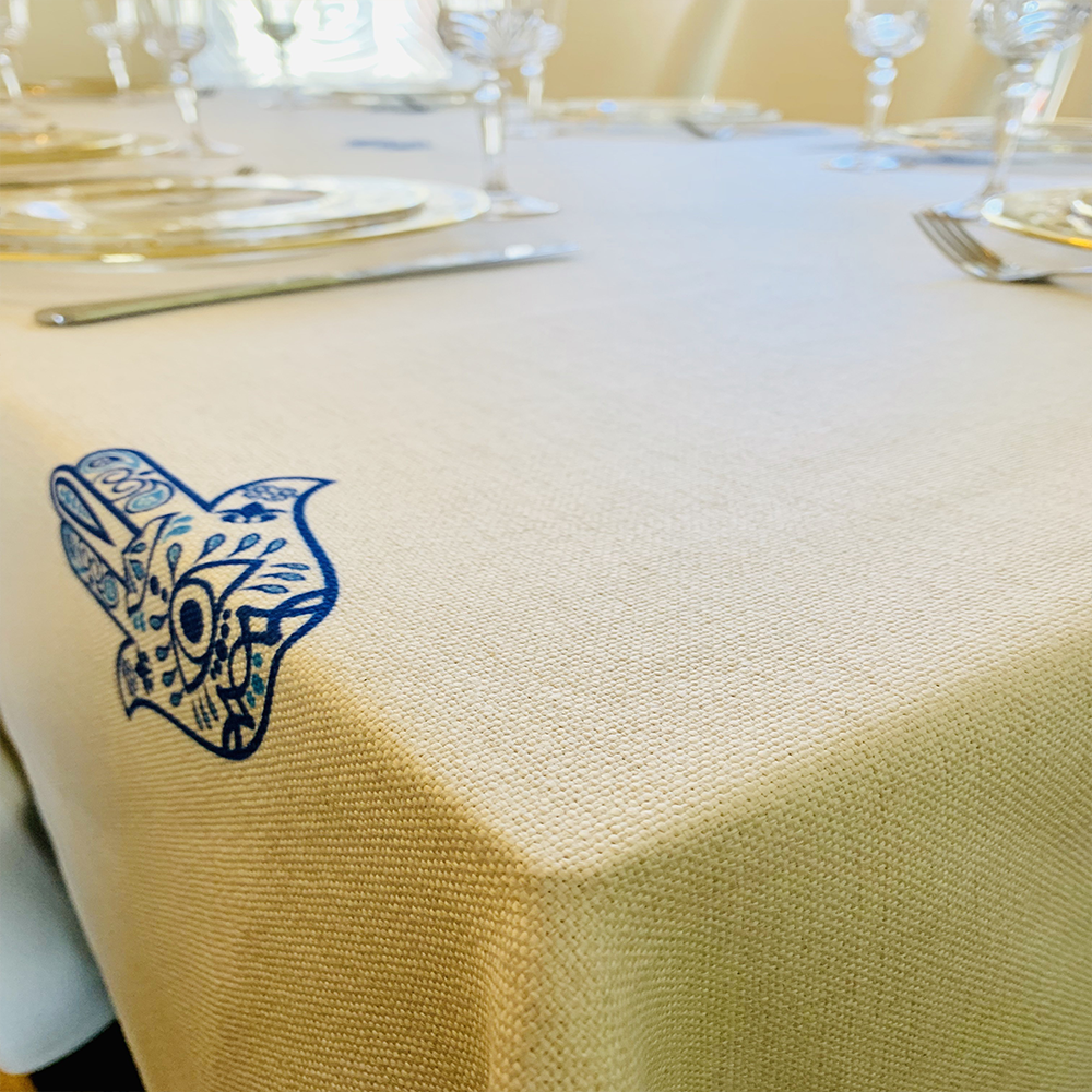Blue Hamsa Tablecloth. Original Design by Broderies de France
