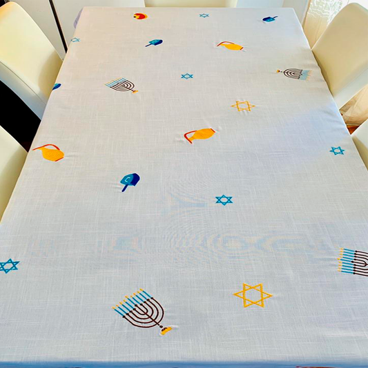 One of a kind Hanukkah tablecloth embroidered on pure white linen