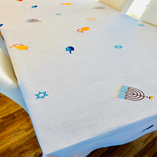 One of a kind Hanukkah tablecloth embroidered on pure white linen