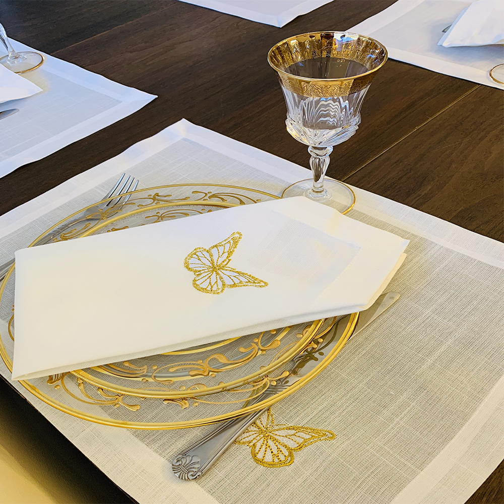 A Breath Taking Embroidered Gold Butterfly Placemats Napkins Set