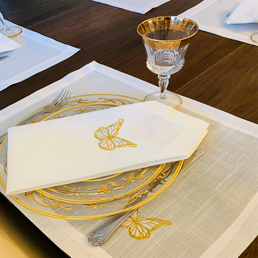 A Breath Taking Embroidered Gold Butterfly Placemats Napkins Set